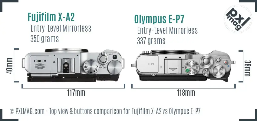 Fujifilm X-A2 vs Olympus E-P7 top view buttons comparison