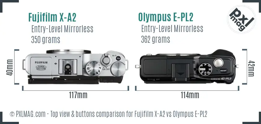 Fujifilm X-A2 vs Olympus E-PL2 top view buttons comparison