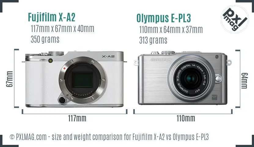Fujifilm X-A2 vs Olympus E-PL3 size comparison