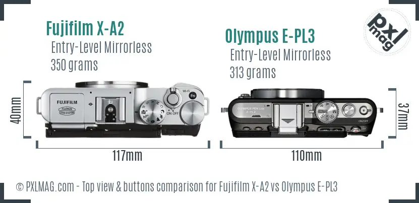 Fujifilm X-A2 vs Olympus E-PL3 top view buttons comparison