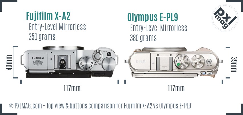Fujifilm X-A2 vs Olympus E-PL9 top view buttons comparison