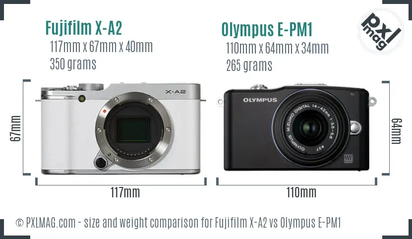 Fujifilm X-A2 vs Olympus E-PM1 size comparison