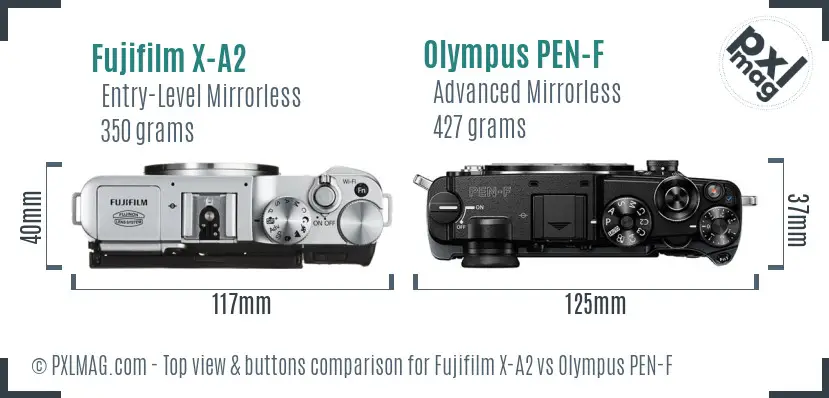 Fujifilm X-A2 vs Olympus PEN-F top view buttons comparison