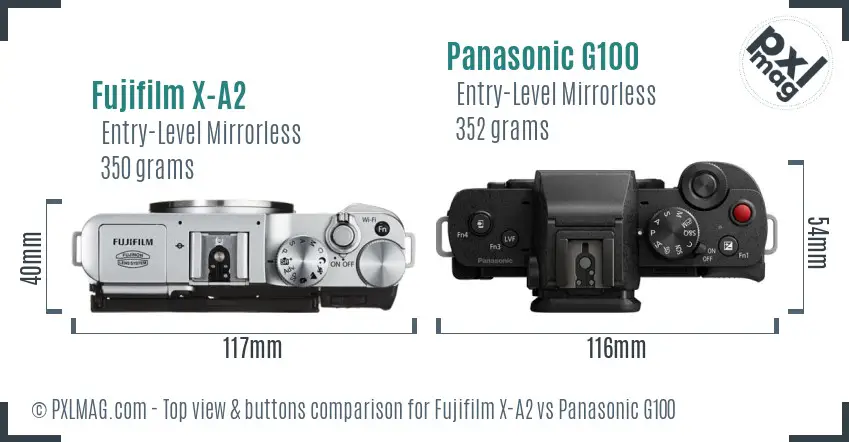 Fujifilm X-A2 vs Panasonic G100 top view buttons comparison