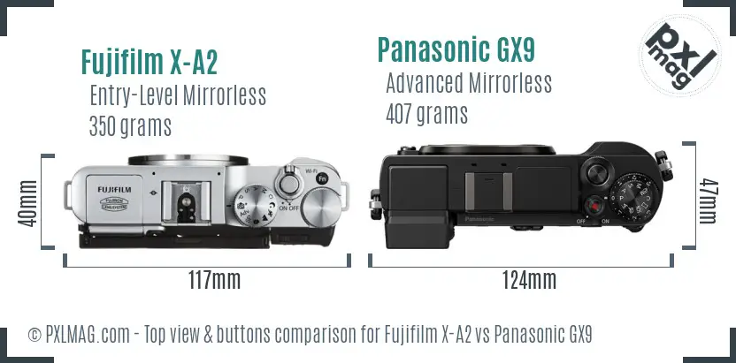 Fujifilm X-A2 vs Panasonic GX9 top view buttons comparison