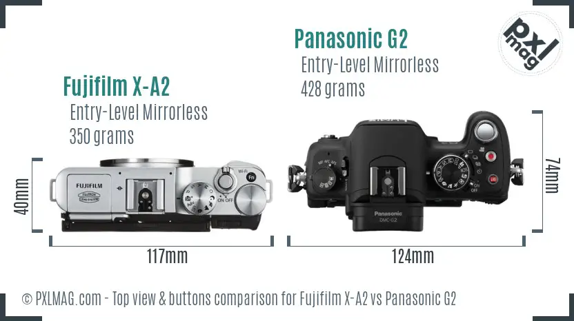 Fujifilm X-A2 vs Panasonic G2 top view buttons comparison Fujifilm X-A2 vs Panasonic G2 top view buttons comparison