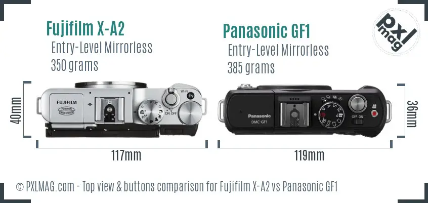 Fujifilm X-A2 vs Panasonic GF1 top view buttons comparison