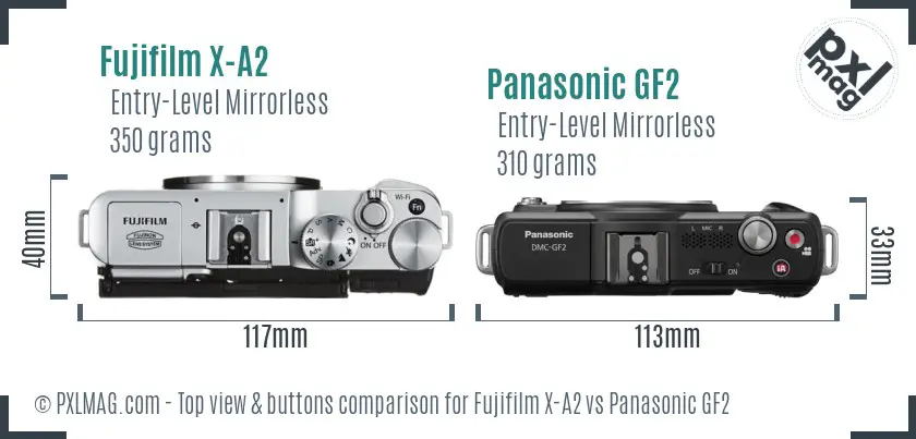 Fujifilm X-A2 vs Panasonic GF2 top view buttons comparison Fujifilm X-A2 vs Panasonic GF2 top view buttons comparison