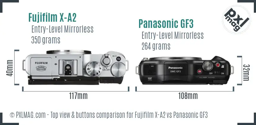 Fujifilm X-A2 vs Panasonic GF3 top view buttons comparison