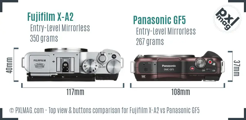 Fujifilm X-A2 vs Panasonic GF5 top view buttons comparison