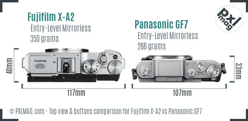 Fujifilm X-A2 vs Panasonic GF7 top view buttons comparison Fujifilm X-A2 vs Panasonic GF7 top view buttons comparison