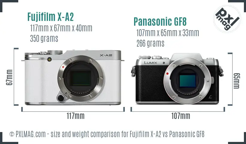 Fujifilm X-A2 vs Panasonic GF8 size comparison Fujifilm X-A2 vs Panasonic GF8 size comparison