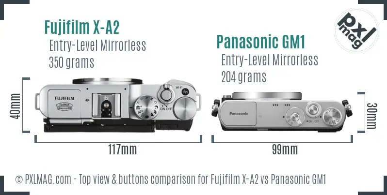 Fujifilm X-A2 vs Panasonic GM1 top view buttons comparison