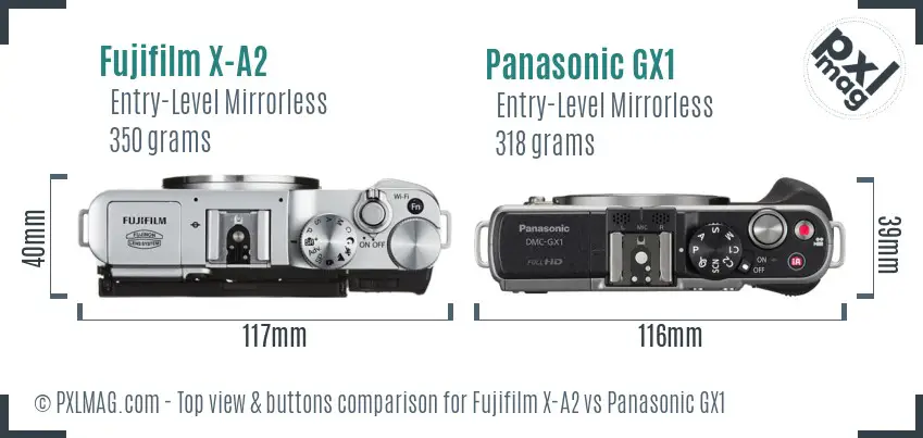 Fujifilm X-A2 vs Panasonic GX1 top view buttons comparison