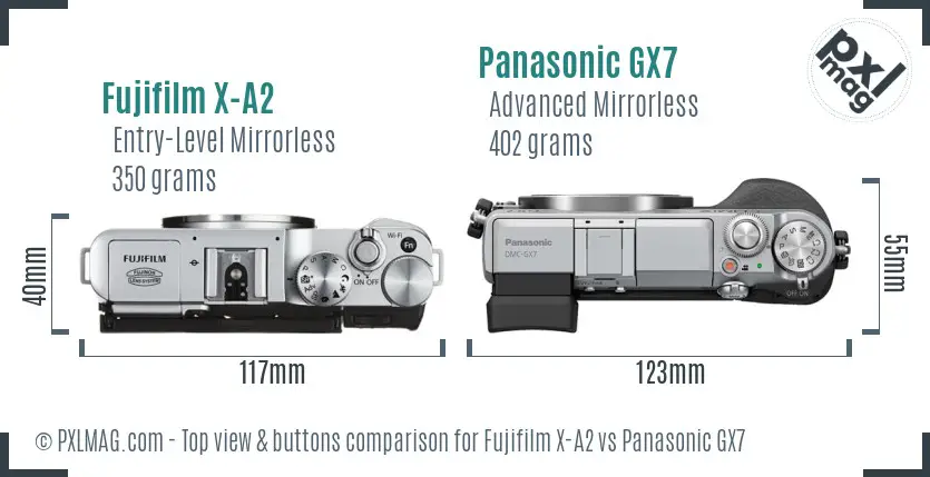 Fujifilm X-A2 vs Panasonic GX7 top view buttons comparison