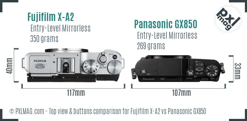 Fujifilm X-A2 vs Panasonic GX850 top view buttons comparison