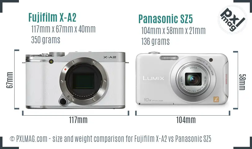 Fujifilm X-A2 vs Panasonic SZ5 size comparison