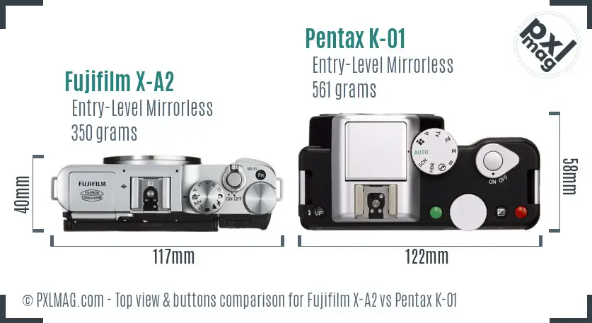 Fujifilm X-A2 vs Pentax K-01 top view buttons comparison