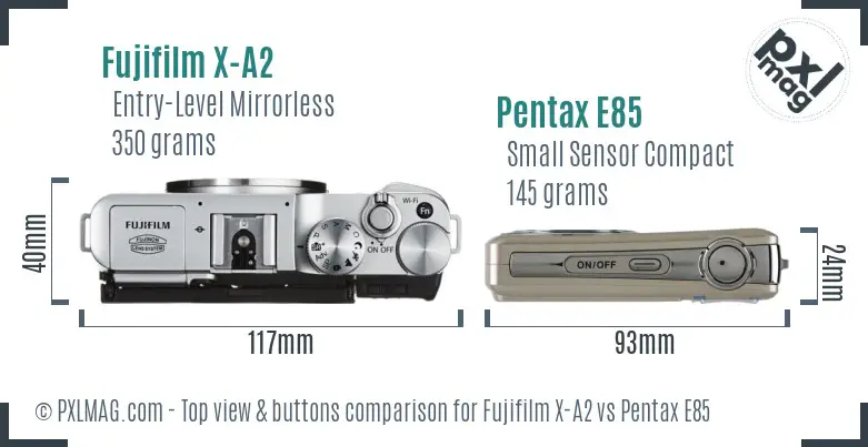 Fujifilm X-A2 vs Pentax E85 top view buttons comparison