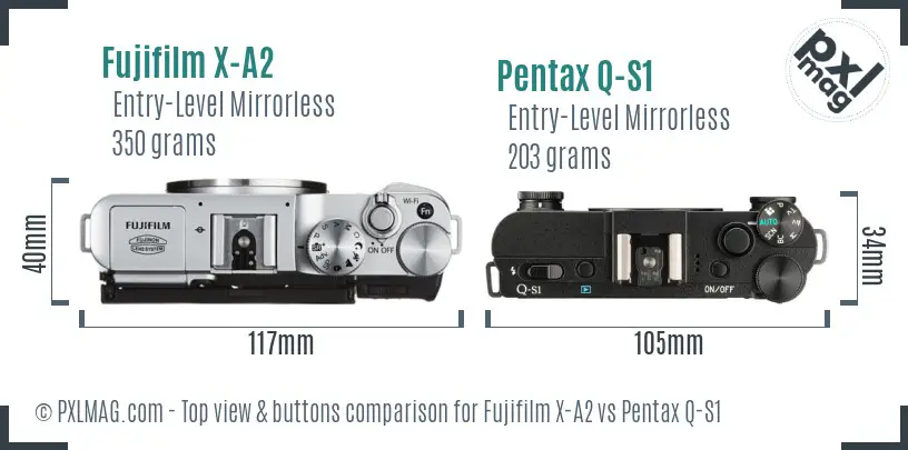 Fujifilm X-A2 vs Pentax Q-S1 top view buttons comparison