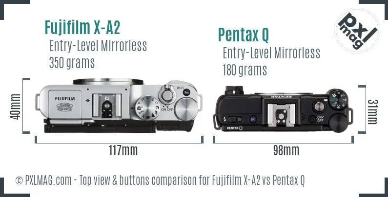 Fujifilm X-A2 vs Pentax Q top view buttons comparison