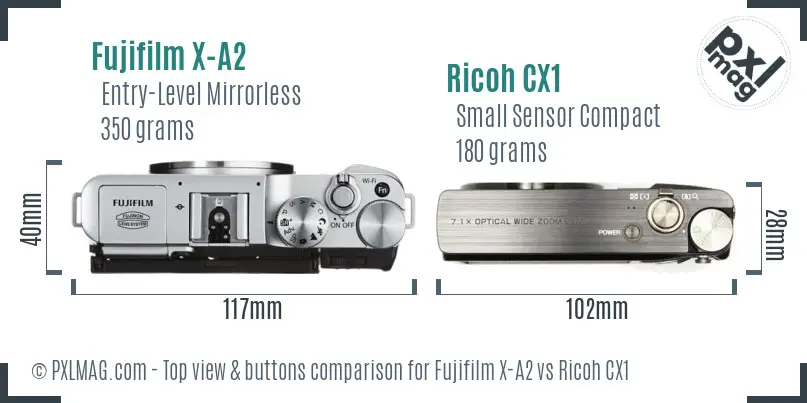 Fujifilm X-A2 vs Ricoh CX1 top view buttons comparison