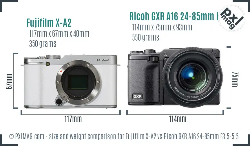 Fujifilm X-A2 vs Ricoh GXR A16 24-85mm F3.5-5.5 size comparison