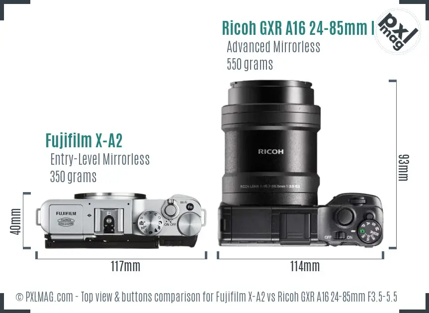 Fujifilm X-A2 vs Ricoh GXR A16 24-85mm F3.5-5.5 top view buttons comparison