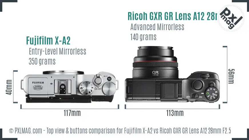 Fujifilm X-A2 vs Ricoh GXR GR Lens A12 28mm F2.5 top view buttons comparison