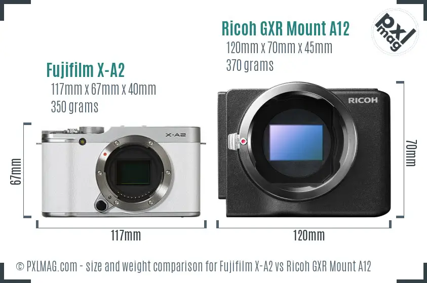 Fujifilm X-A2 vs Ricoh GXR Mount A12 size comparison Fujifilm X-A2 vs Ricoh GXR Mount A12 size comparison