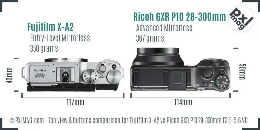 Fujifilm X-A2 vs Ricoh GXR P10 28-300mm F3.5-5.6 VC top view buttons comparison