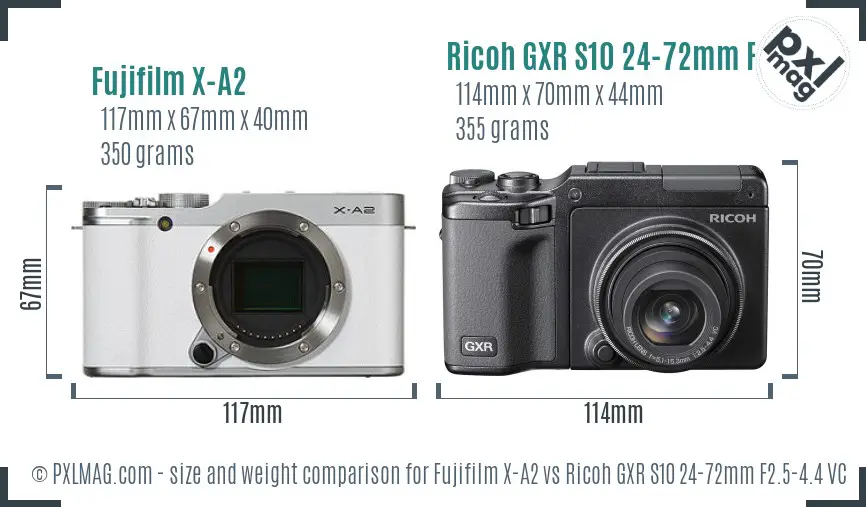 Fujifilm X-A2 vs Ricoh GXR S10 24-72mm F2.5-4.4 VC size comparison Fujifilm X-A2 vs Ricoh GXR S10 24-72mm F2.5-4.4 VC size comparison