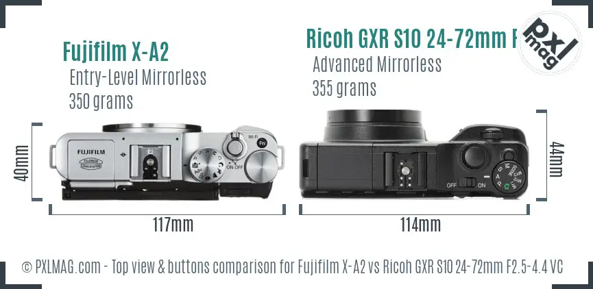 Fujifilm X-A2 vs Ricoh GXR S10 24-72mm F2.5-4.4 VC top view buttons comparison Fujifilm X-A2 vs Ricoh GXR S10 24-72mm F2.5-4.4 VC top view buttons comparison