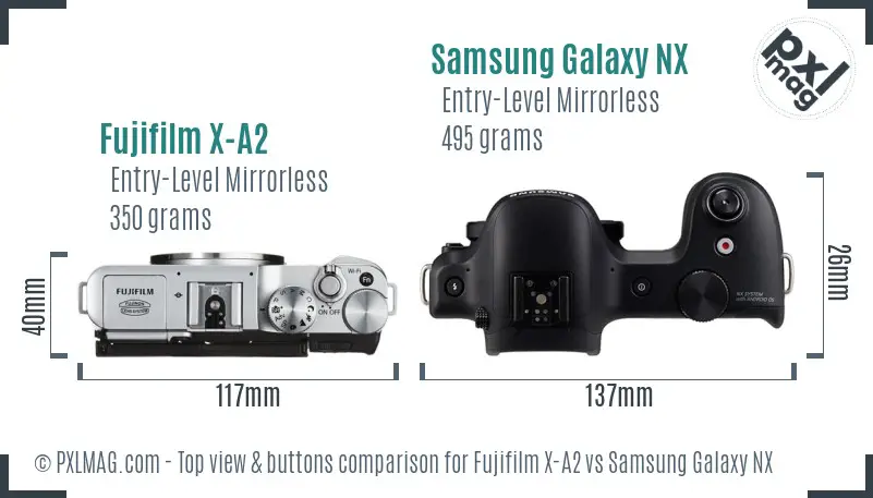 Fujifilm X-A2 vs Samsung Galaxy NX top view buttons comparison Fujifilm X-A2 vs Samsung Galaxy NX top view buttons comparison