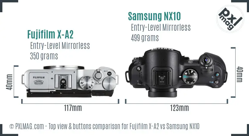Fujifilm X-A2 vs Samsung NX10 top view buttons comparison