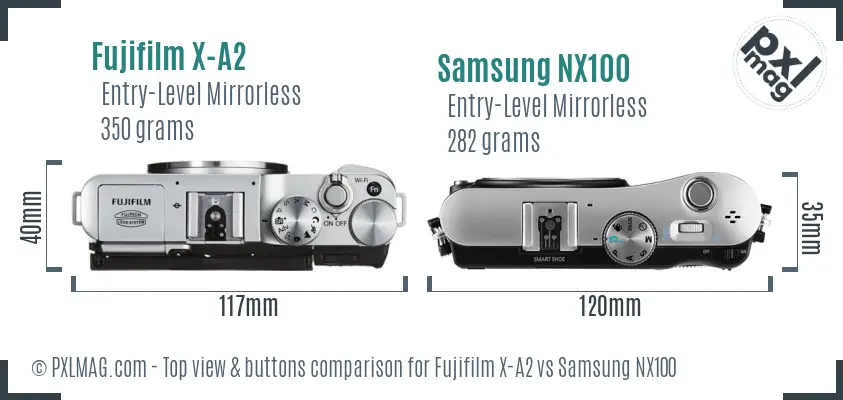 Fujifilm X-A2 vs Samsung NX100 top view buttons comparison