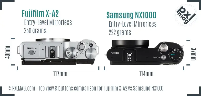 Fujifilm X-A2 vs Samsung NX1000 top view buttons comparison Fujifilm X-A2 vs Samsung NX1000 top view buttons comparison