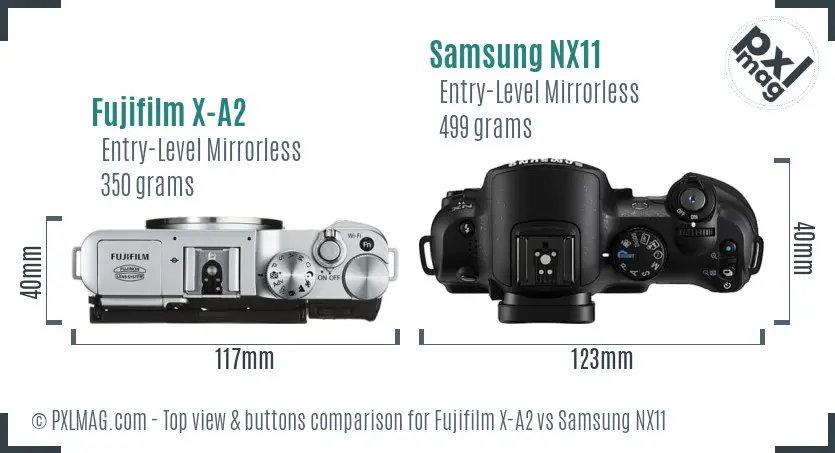 Fujifilm X-A2 vs Samsung NX11 top view buttons comparison