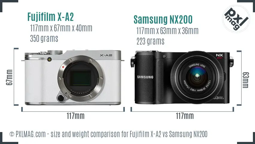 Fujifilm X-A2 vs Samsung NX200 size comparison