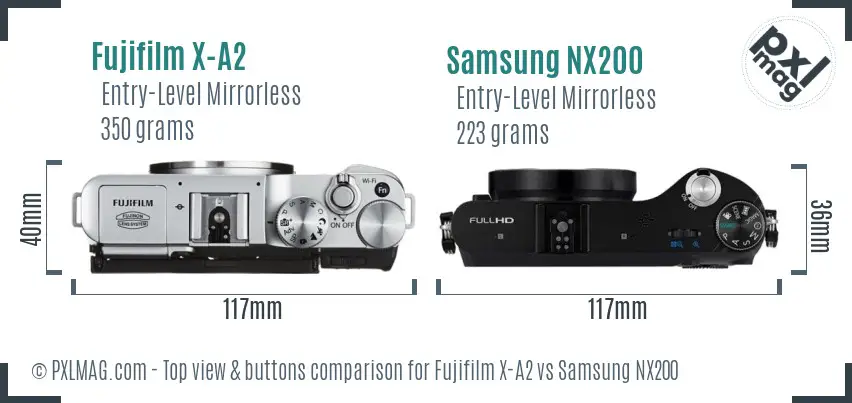 Fujifilm X-A2 vs Samsung NX200 top view buttons comparison