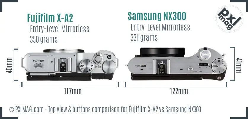 Fujifilm X-A2 vs Samsung NX300 top view buttons comparison Fujifilm X-A2 vs Samsung NX300 top view buttons comparison