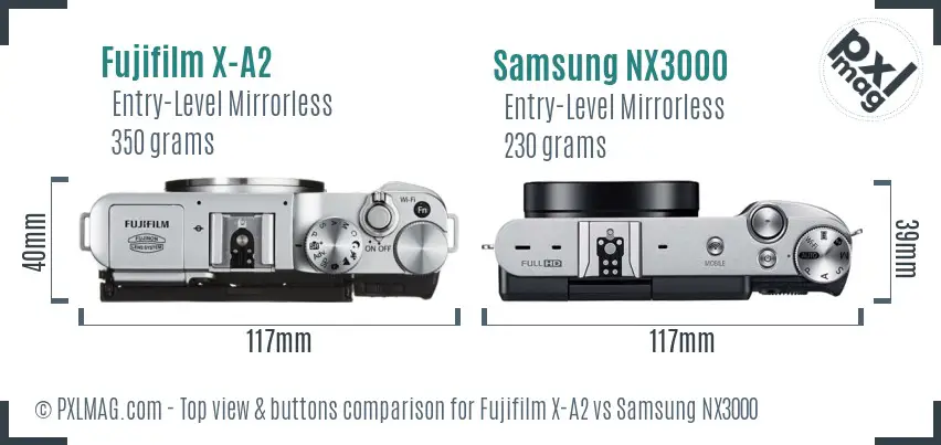 Fujifilm X-A2 vs Samsung NX3000 top view buttons comparison Fujifilm X-A2 vs Samsung NX3000 top view buttons comparison