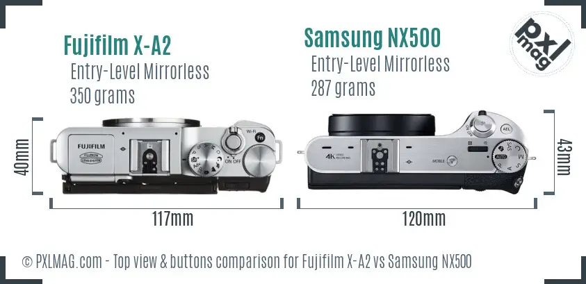 Fujifilm X-A2 vs Samsung NX500 top view buttons comparison