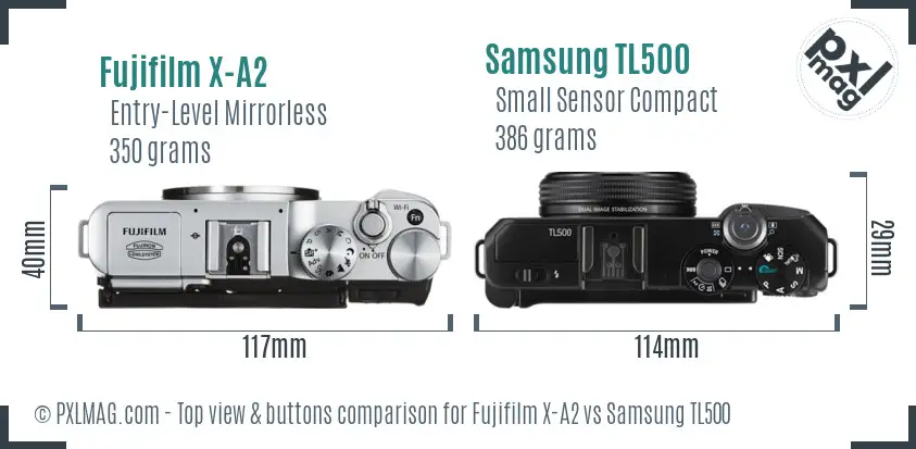 Fujifilm X-A2 vs Samsung TL500 top view buttons comparison