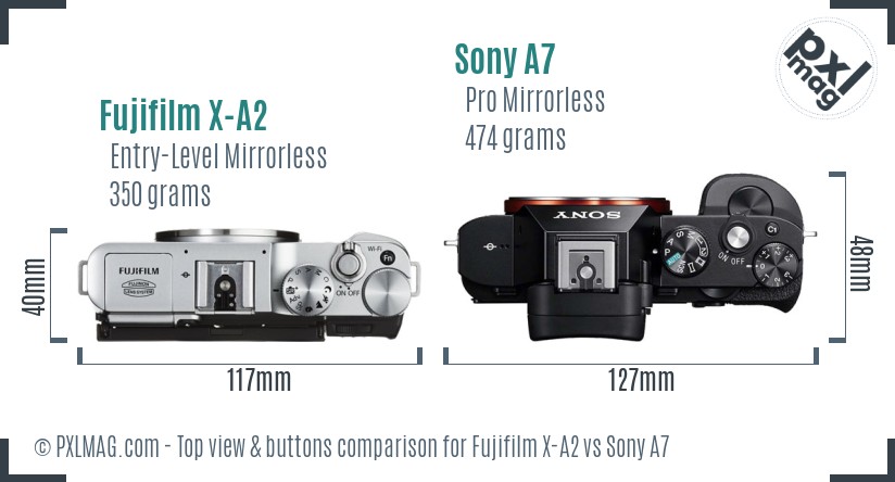 Fujifilm X-A2 vs Sony A7 top view buttons comparison