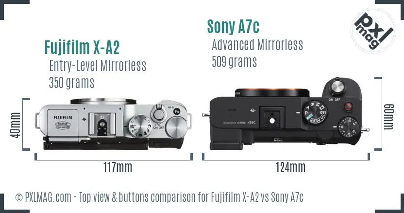 Fujifilm X-A2 vs Sony A7c top view buttons comparison