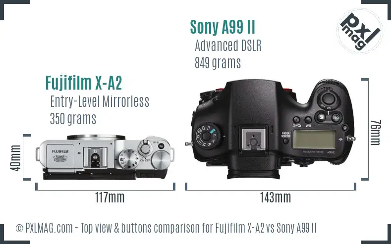 Fujifilm X-A2 vs Sony A99 II top view buttons comparison
