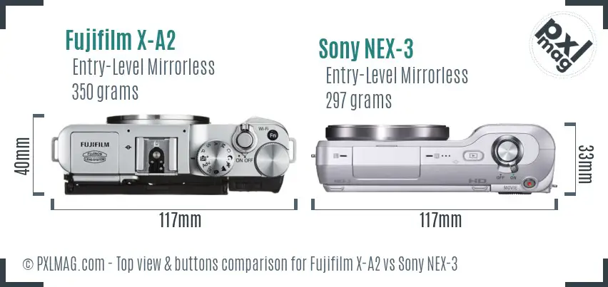 Fujifilm X-A2 vs Sony NEX-3 top view buttons comparison