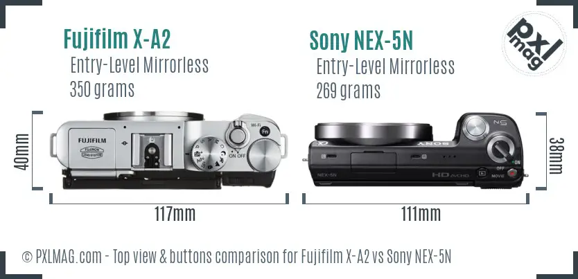 Fujifilm X-A2 vs Sony NEX-5N top view buttons comparison Fujifilm X-A2 vs Sony NEX-5N top view buttons comparison