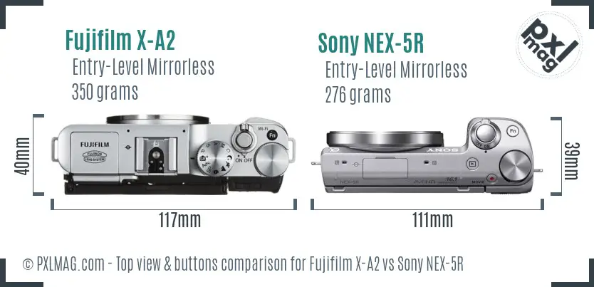 Fujifilm X-A2 vs Sony NEX-5R top view buttons comparison Fujifilm X-A2 vs Sony NEX-5R top view buttons comparison